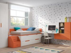 Dormitorio juvenil con mesa, cama desplazable con 2 cajones y armario de 3 puertas