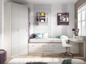 Dormitorio juvenil con armario rincón, cama con nido y cajones y mesa de estudio