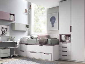 Dormitorio juvenil con mesa, cama desplazable con cajones y armario con hueco y cajones