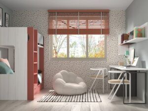 Litera con escalera integrada y mesa de estudio con estanterías