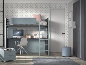 Cama alta con mesa de estudio, leds, USB, buc cajones y armario de gran capacidad