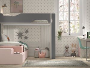 Cama alta en escuadra con cama modular y mesa de estudio
