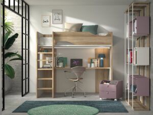 Cama alta con mesa de estudio, Leds USB y buc cajones con ruedas