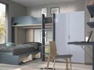 Cama alta en escuadra con canapé, armario, mesa de estudio y estantería