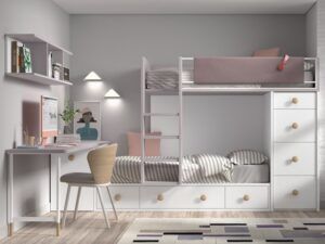 Cama tren con zona de estudio y contenedores