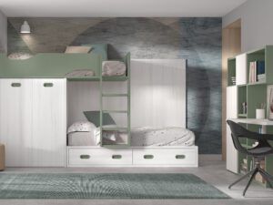 Cama tren con armario, contenedores, estanterías y mesa de estudio