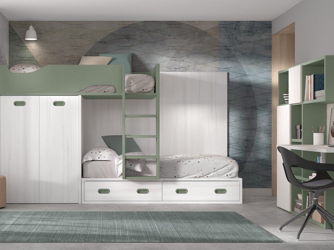 Cama tren con armario, contenedores, estanterías y mesa de estudio