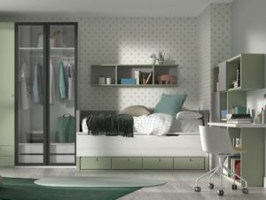 Dormitorio juvenil con armario puertas cristal, original zona estudio y bicama