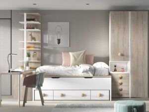 Dormitorio juvenil con zona estudio, bicama, armario y estantería