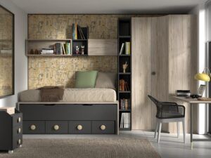Dormitorio juvenil con cama desplazable, armario rincón, estanterías y zona de estudio