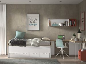 Dormitorio juvenil con cama desplazable, amplia mesa en escuadra y armario con cajones