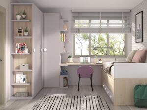 Dormitorio juvenil con armario rincón, cama desplazable, estanterías y zona de estudio