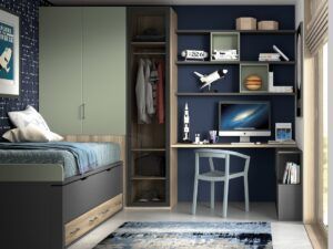 Dormitorio juvenil con armario arcón, armario puerta cristal, cama desplazable, estanterías y zona de estudio