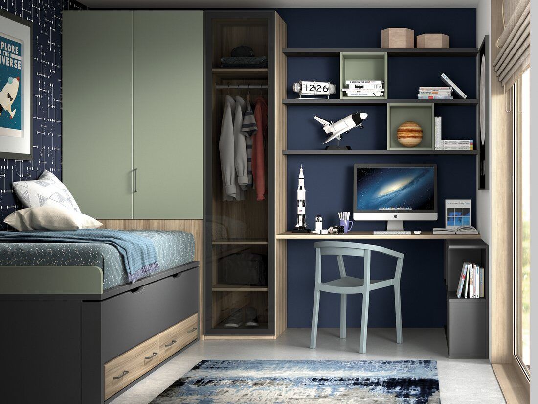 Dormitorio juvenil con armario arcón, armario puerta cristal, cama desplazable, estanterías y zona de estudio