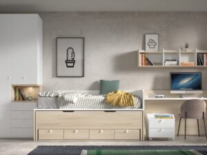 Dormitorio juvenil con armario con hueco lectura, cama desplazable, estanterías y zona de estudio