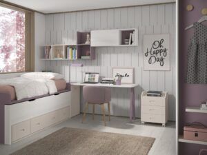 Dormitorio juvenil con bicama, armario de puertas correderas, estanterías y zona de estudio