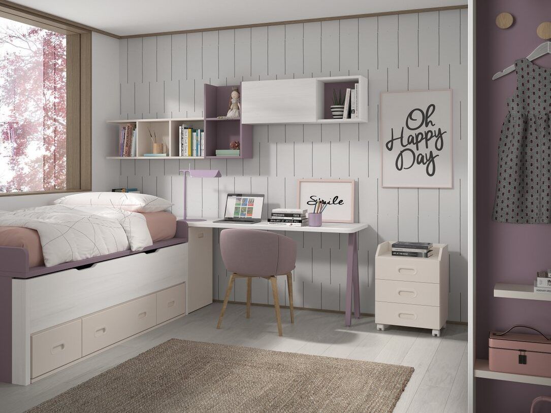 Dormitorio juvenil con bicama, armario de puertas correderas, estanterías y zona de estudio