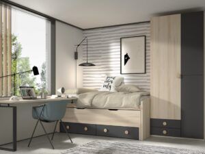 Dormitorio juvenil con zona de estudio, cama desplazable y armario