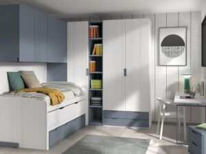 Dormitorio juvenil con cama desplazable, puente, armarios y zona de estudio