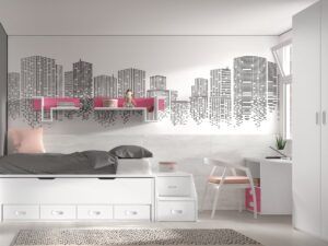 Dormitorio juvenil con armario, cama desplazable con escalera contenedora y zona de estudio