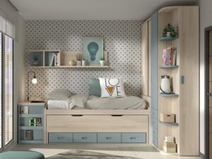 Dormitorio juvenil con armario, cama desplazable y mesa arcón extraíble