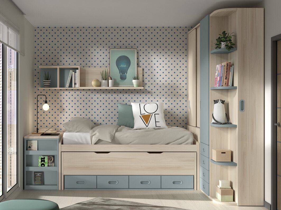 Dormitorio juvenil con armario, cama desplazable y mesa arcón extraíble
