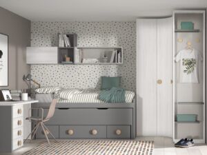 Dormitorio juvenil con zona estudio, cama desplazable, estanterías y armario rincón con terminal