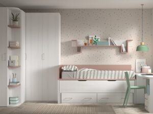 Dormitorio juvenil con armario rincón con terminal, cama desplazable, estanterías y zona estudio