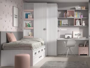 Dormitorio juvenil con armario rincón con puerta corredera y abatible, cama nido estanterías y zona estudio