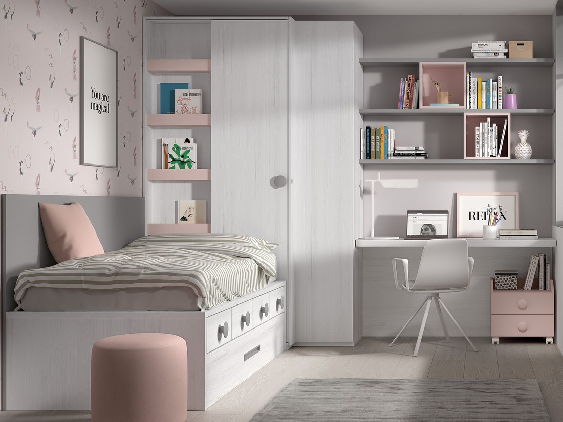 Dormitorio juvenil con armario rincón con puerta corredera y abatible, cama nido estanterías y zona estudio