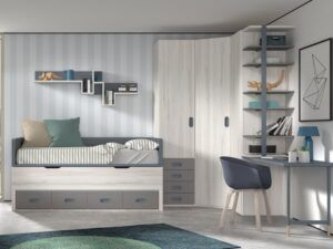 Dormitorio juvenil con bicama, armario rincón y zona de estudio