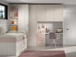 Dormitorio juvenil con cama nido con cajones, armario corredero-abatible y estudio