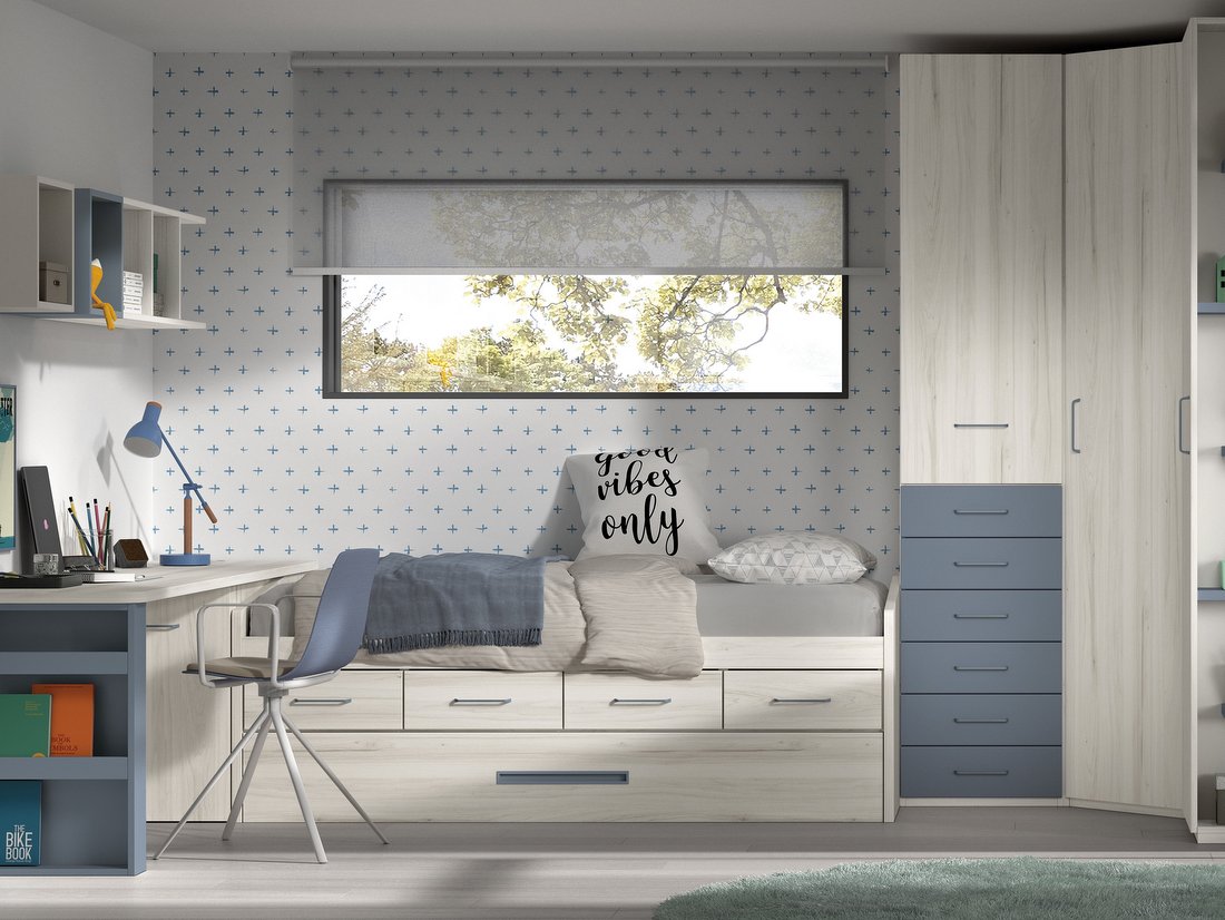 Dormitorio juvenil con armario rincón chaflan-recto puerta lisa + 6 cajones, cama nido, arcón, estanterías y zona estudio