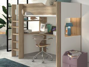 Cama alta con mesa de estudio, protector de madera, leds y USB. 4 medidas a elegir