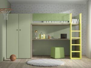 Cama alta con armario y mesa de estudio