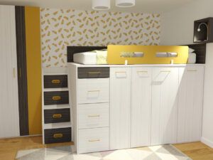 Cama alta con almacenaje para colchón de 150, armario y escalera contenedora