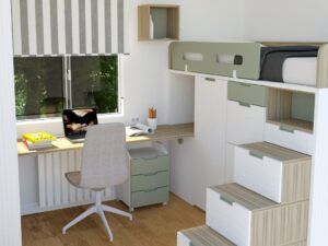 cama alta con escalera contenedora, almacenaje, zona de estudio y estanterías