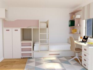 Dormitorio juvenil con 3 camas y 2 zonas de estudio