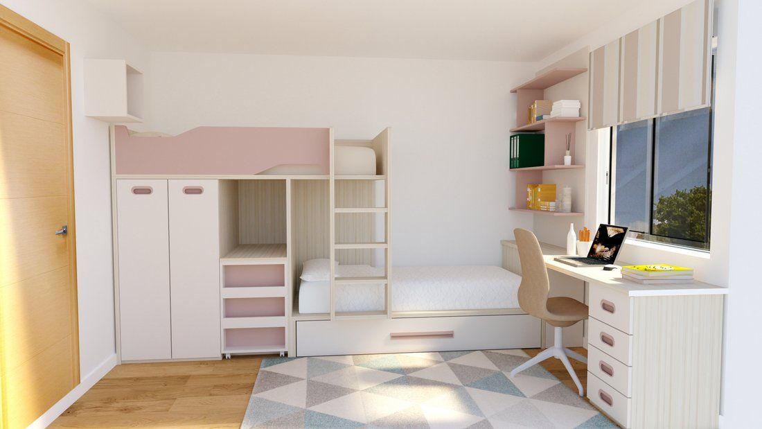 Dormitorio juvenil con 3 camas y 2 zonas de estudio
