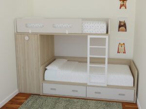 Cama tren corta de dos camas con armario y baules