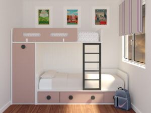 Cama tren corta con 2 camas, armario y contenedores