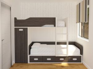 Cama tren corta con escalera de madera y almacenaje