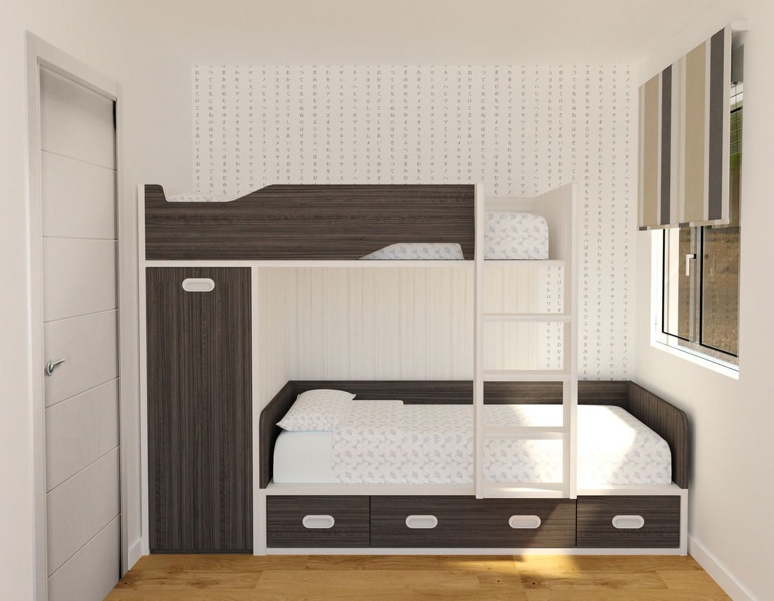 Cama tren corta con escalera de madera y almacenaje