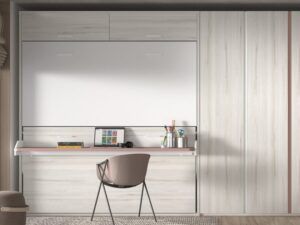 Litera abatible premium con mesa de estudio, altillos y estantes interiores