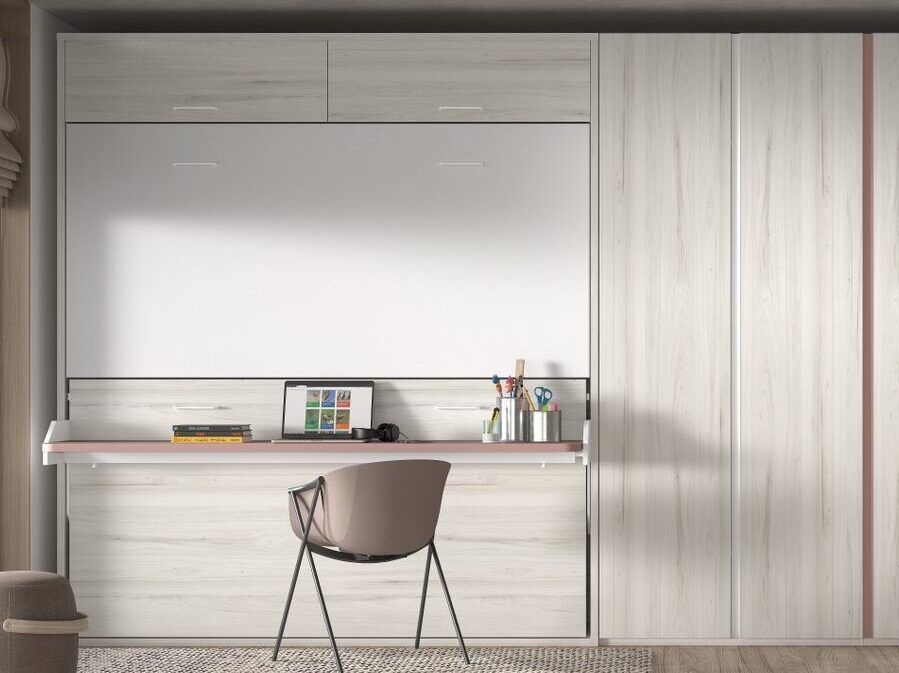 Litera abatible premium con mesa de estudio, altillos y estantes interiores