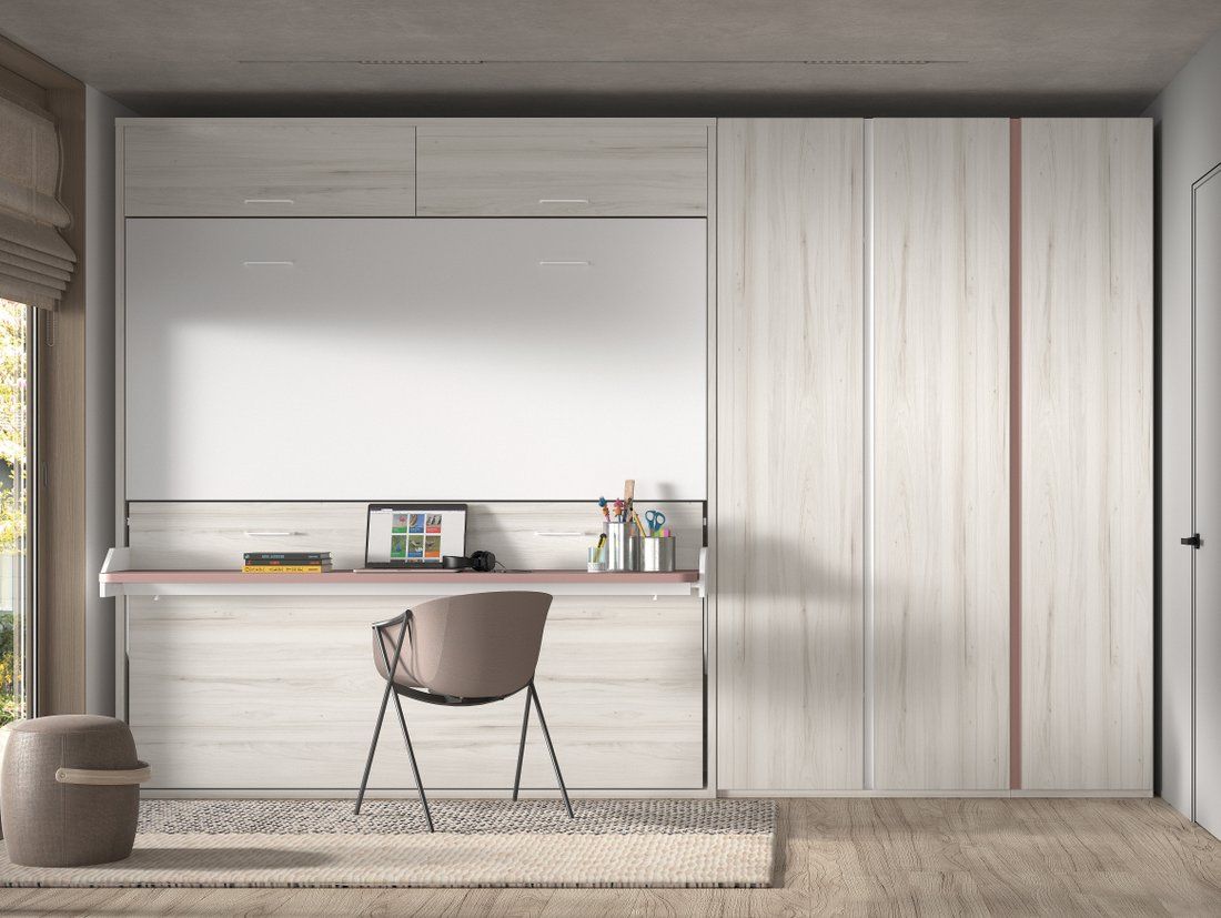 Litera abatible premium con mesa de estudio, altillos y estantes interiores