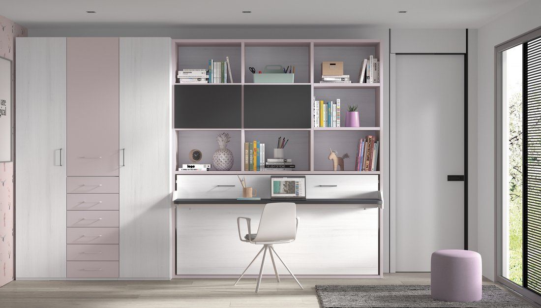 Cama abatible premium con mesa, estantería y puertas