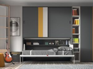 Cama abatible premium con estante y armario. Puertas con franjas