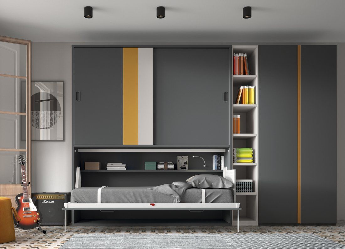 Cama abatible premium con estante y armario. Puertas con franjas