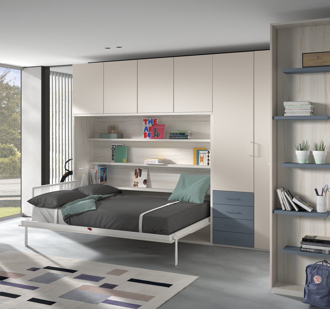 Cama abatible matrimonio premium con estantes interiores, 4 medidas a elegir